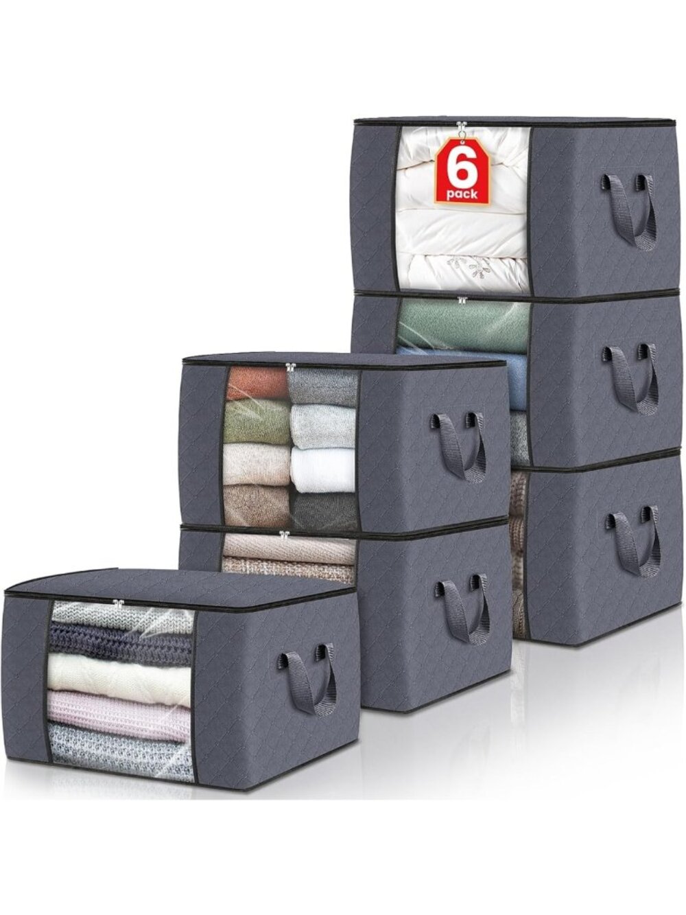 6 Pack Storage Bags for Clothes & Blankets - Durable, Space-Saving Bins with
